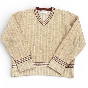 VTG Jantzen V-Neck Ski Sweater Mens Large Nordic Beige Tan Brown Kurt Cobain 80s